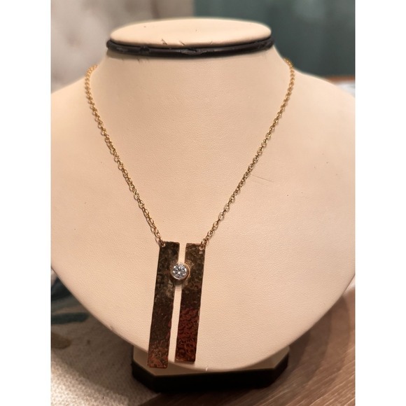 14K Plated Gold Hammered Bar Pendant Necklace with Cubic Zirconia Stone - Picture 4 of 10